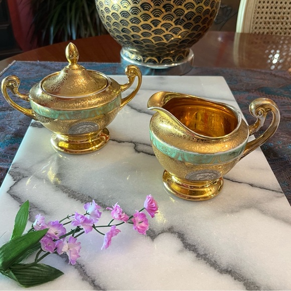 24K Gold Plat. Porcelain Cream & Sugar Bowl Czech Empire 1920s Bohemia *RARE